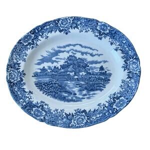 English Village Olde Staffordshire Blue Transferware Oval Serving Platter 10x12"